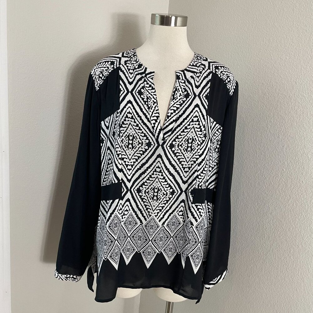 Chicos Womens‎ Plus XXL Black White Diamond Pattern Tunic Top Long Sleeve Shirt
